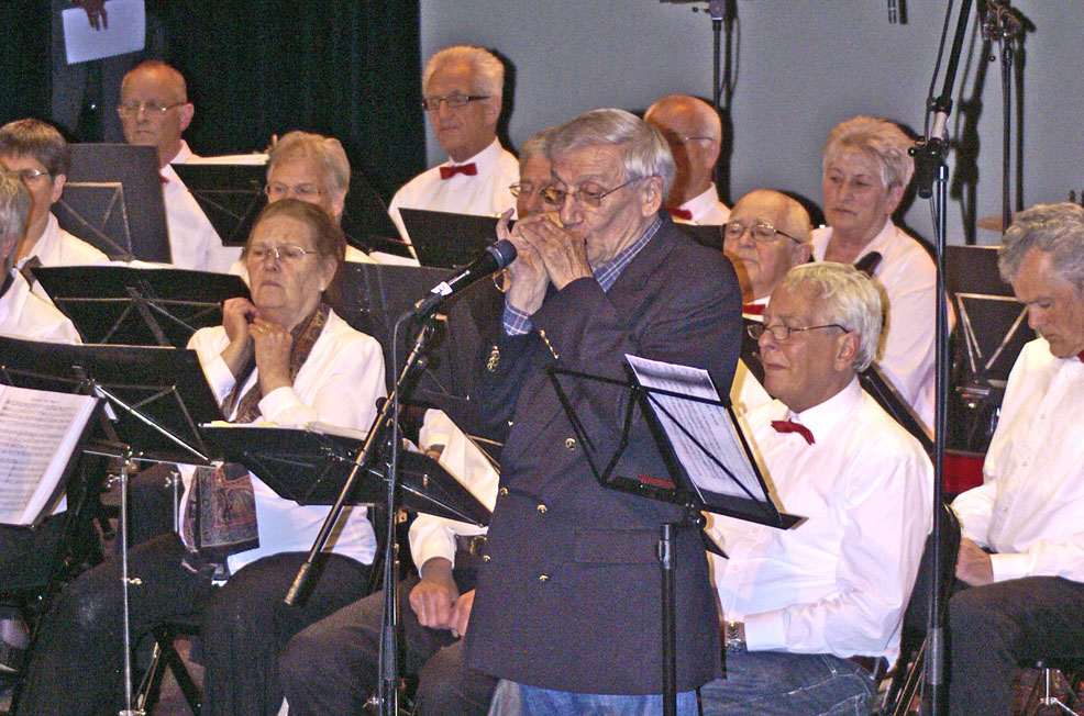 Orchestre d'harmonicas néerlandais en concert, un soliste debout au micro