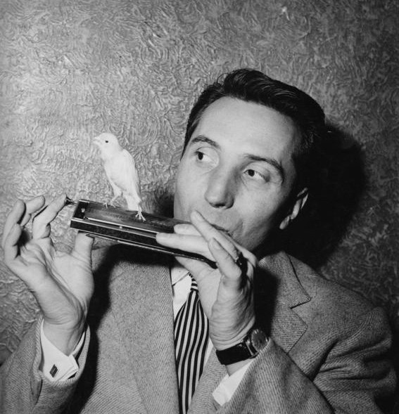 Albert Raisner jouant de l'harmonica chromatique, un canari posé sur l'instrument