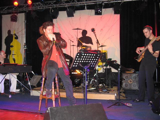 Concert au festival Harmonica sur Cher : un chanteur et ses musiciens sur scène
